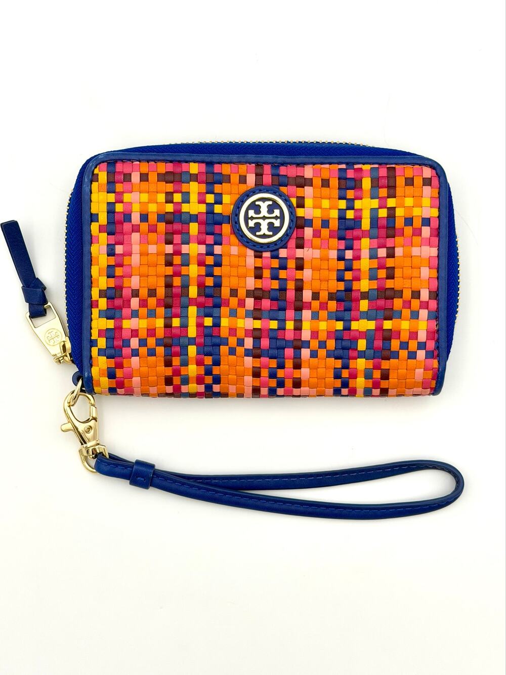 Tory Burch Woven Zip Around Wallet Clutch Blue Orange Pink Logo Wristletptive